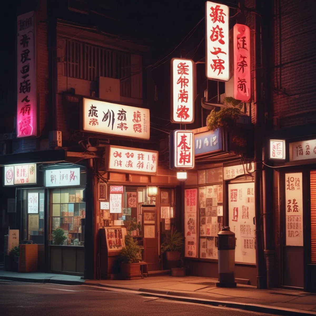 Vista callejera de un letrero de neón brillante en un distrito de Tokio