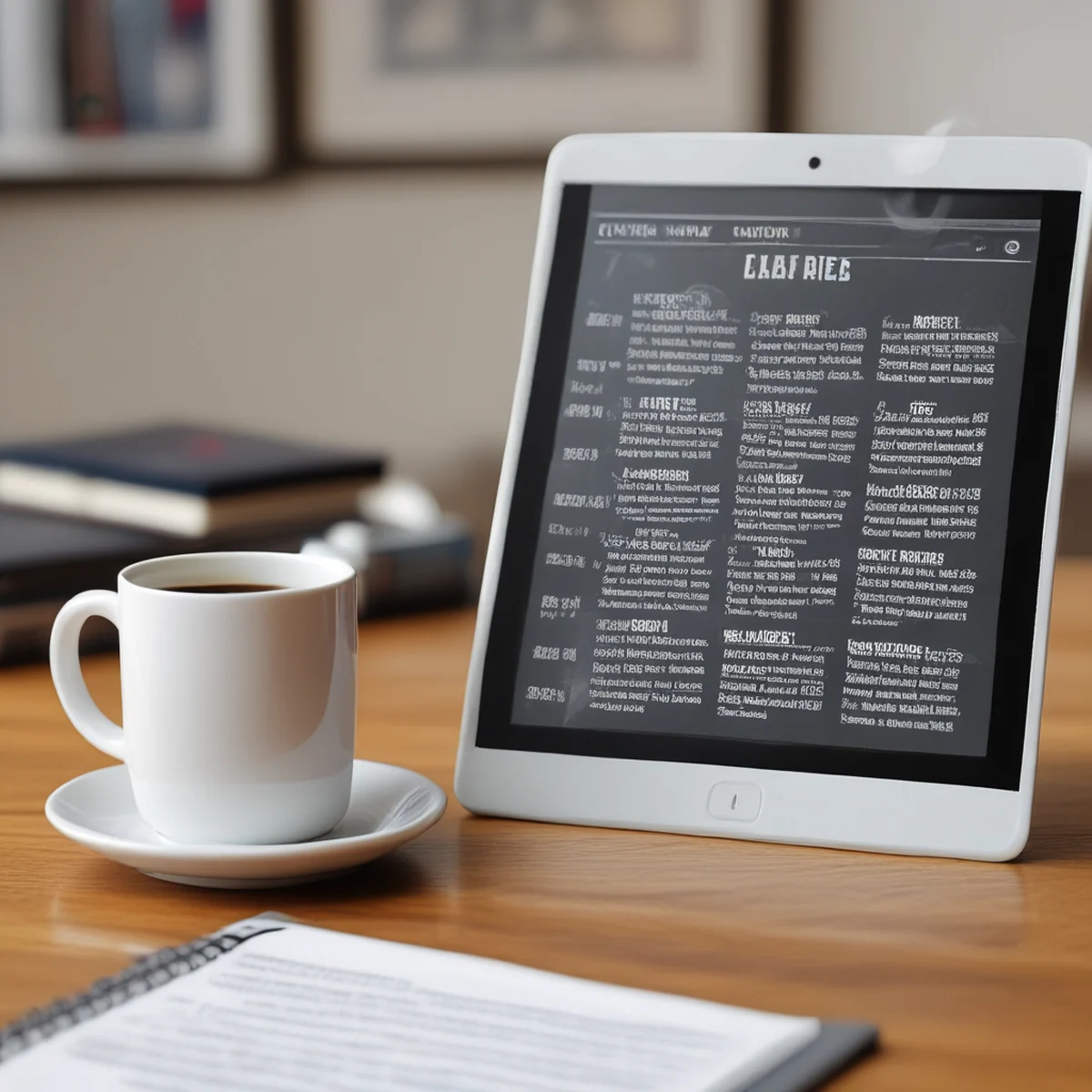 Une tasse à café en céramique posée sur un bureau à côté d'une tablette