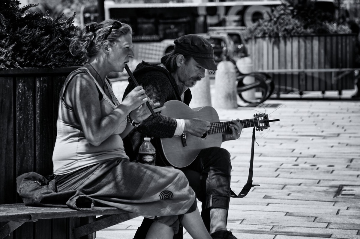 Traditional and modern musical instruments side by side