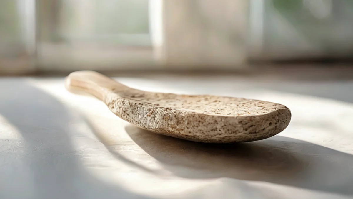Un tenedor in pietra naturale con motivi tropicali, superficie liscia, artigianale.