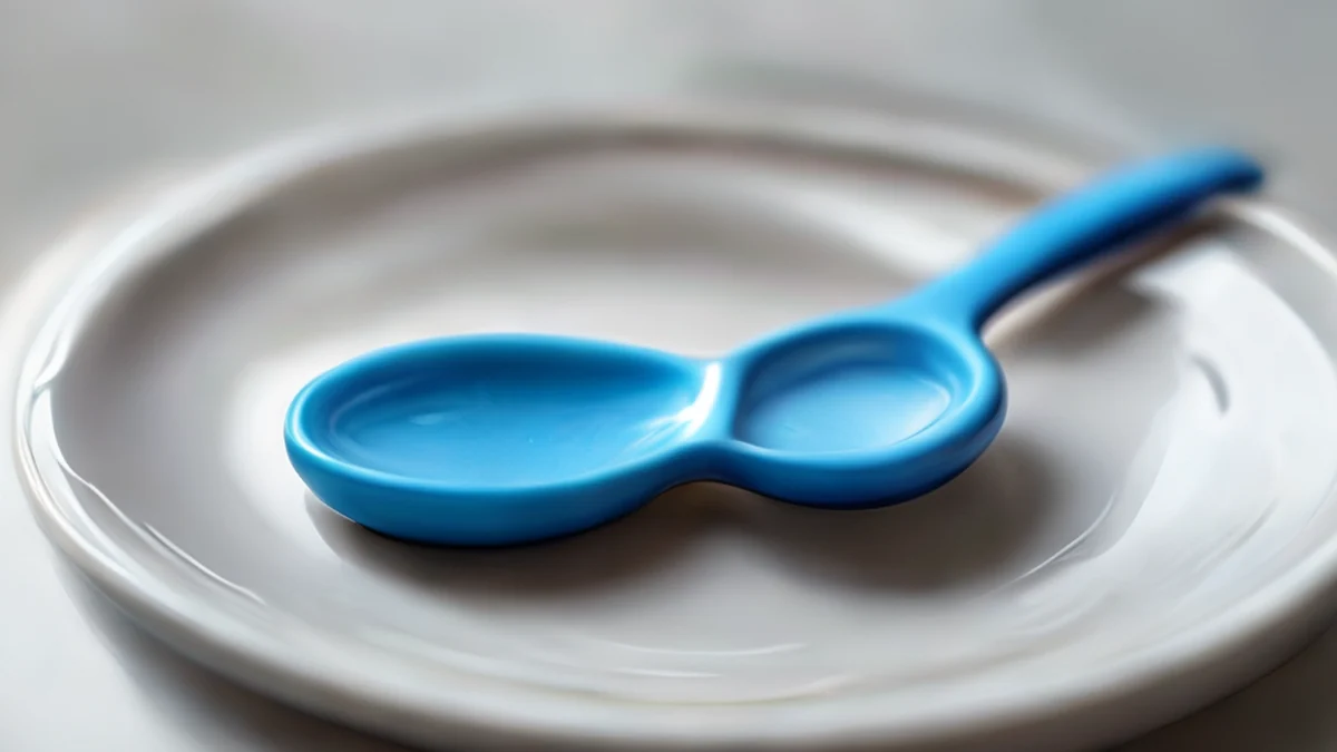 Cuillère en plastique bleu, lisse avec un manche arrondi, reposant sur un plateau en porcelaine blanc, sous un ciel nuageux, champ de profondeur faible, photoréaliste, focus net, détails élevés